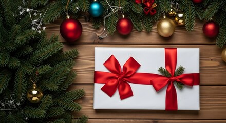 Wrapped gift box with red bow on wooden surface for festive holiday