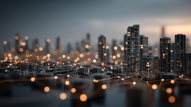A futuristic cityscape illuminated by glowing connections, showcasing modern architecture against a dramatic sky.