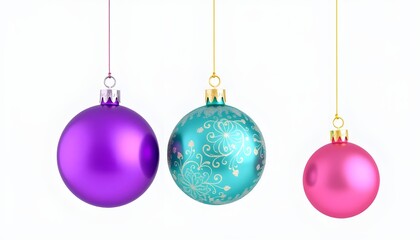 Three hanging Christmas ornaments against a white background, each with vibrant color and festive styling. The left ornament is glossy purple with a silver cap, the middle is turquoise with golden swi