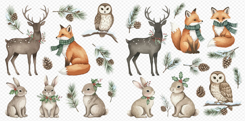 Naklejka premium Watercolor illustration set of various forest animals and winter foliage elements.