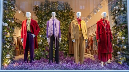 Naklejka premium Mannequins stand gracefully in a shop window, displaying luxurious coats and attire against a backdrop of festive greenery and colorful flowers
