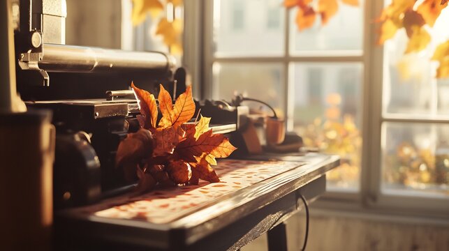 Printing press in a Thanksgiving inspired print shop printing warm toned invitations with leaf designs and harvest themed decor celebrating a cozy fall holiday atmosphere