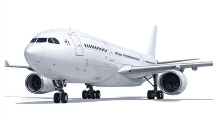 A large white airplane stands on the runway preparing for takeoff. The scene captures a clear sky at sunset creating a beautiful backdrop for air travel.