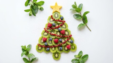 Christmas tree fruit platter with kiwi, berries, and pomegranate