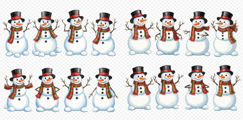 A collection of cartoon snowmen wearing top hats and scarves, featuring various poses and expressions, on a transparent background.