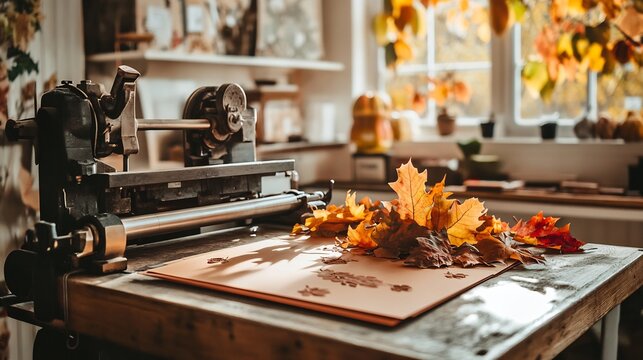 Printing press in a Thanksgiving inspired print shop printing warm toned invitations with leaf designs and harvest themed decor celebrating a cozy fall holiday atmosphere