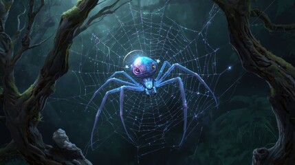 Mysterious bioluminescent spider creature in dark enchanted forest