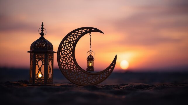Ramadan lantern and crescent moon decoration at sunset