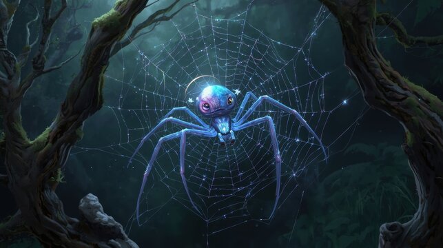 Mysterious bioluminescent spider creature in dark enchanted forest