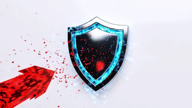A glowing blue shield crackles with icy light a red core fragment exploding toward the edge at dawn