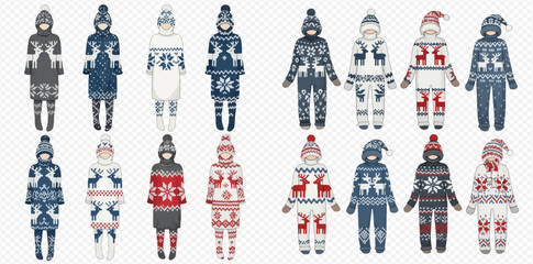 Collection of various Nordic and Fair Isle patterned winter sweaters, hats, and outfits featuring snowflakes, reindeer, and geometric designs.