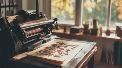 Printing press in a Thanksgiving inspired print shop printing warm toned invitations with leaf designs and harvest themed decor celebrating a cozy fall holiday atmosphere