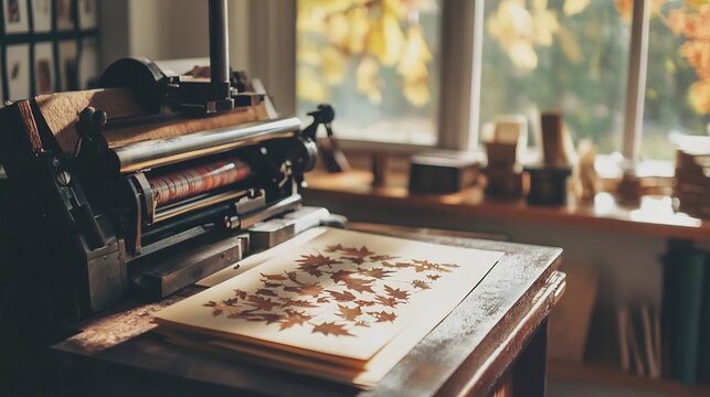 Printing press in a Thanksgiving inspired print shop printing warm toned invitations with leaf designs and harvest themed decor celebrating a cozy fall holiday atmosphere