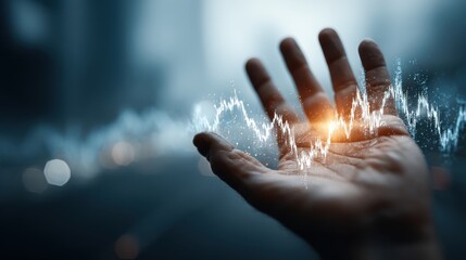 A hand appears against a blurred background, emanating digital waveforms, symbolizing technology and data interaction.