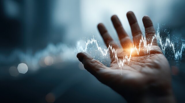 A hand appears against a blurred background, emanating digital waveforms, symbolizing technology and data interaction.