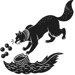 Obraz premium Stylized black animal sniffing berries near textured base woodcut.