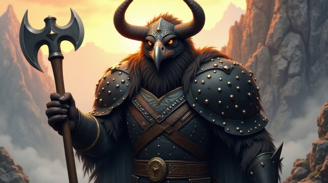 Fierce viking warrior in horned helmet holding an axe in a mountainous landscape - Powered by Adobe