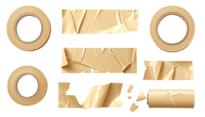 Tan tape rolls and strips, some wrinkled, on black ground