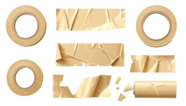 Tan tape rolls and strips, some wrinkled, on black ground
