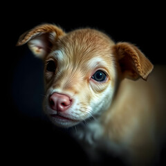 This image is a close-up, intimate portrait of a small, light brown puppy with soft fur and dark, expressive eyes. The puppy is looking directly at the viewer, conveying a sense of innocence and curio