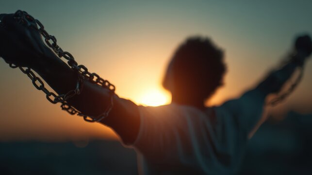 A silhouette of a person breaking free from chains, arms wide open against a sunset backdrop, symbolizing liberation and resilience. - Powered by Adobe