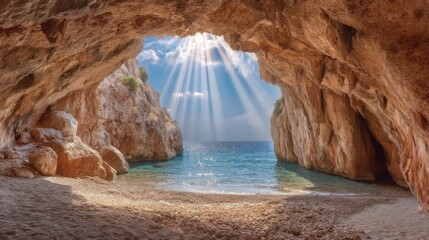 Rays of sunlight pour into a rocky cave, illuminating a tranquil beach with soft sand and gentle waves. The sea sparkles in shades of blue and turquoise, inviting peaceful exploration
