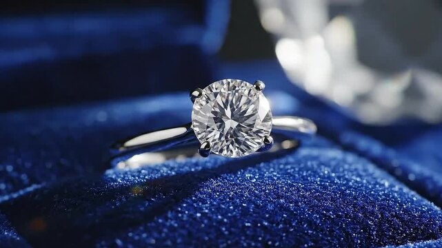 Elegant diamond solitaire ring on rich blue velvet surface, sparkle