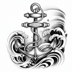 Detailed monochrome drawing of an anchor with rope and waves, featuring the word nautilus on it