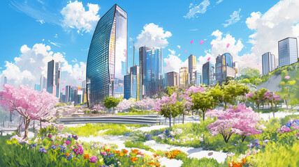 春の訪れを告げる桜と高層ビルが描かれた風景イラスト｜都会の春、新生活、満開、桜並木、オフィス街、春色、背景素材、花見、春の空、ビジネス街、春景色、桜咲く街並み