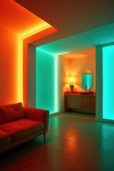 Modern living room with vibrant orange and green led accent lighting