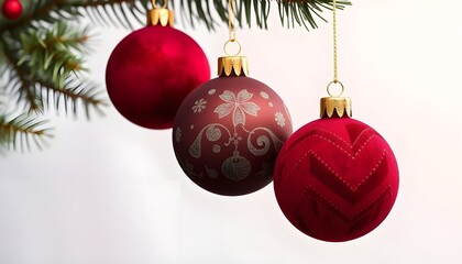Three red Christmas ornaments hanging from a green pine branch against a softly blurred white-toned background. Each ornament is spherical with a unique finish: matte solid red, red with floral and sw