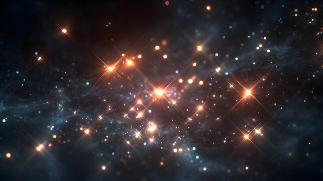 A cinematic close-up view of a radiant star cluster filled with bright glowing points of light and subtle sparkling effects, set against a deep dark cosmic background, capturing intense atmosphere.
