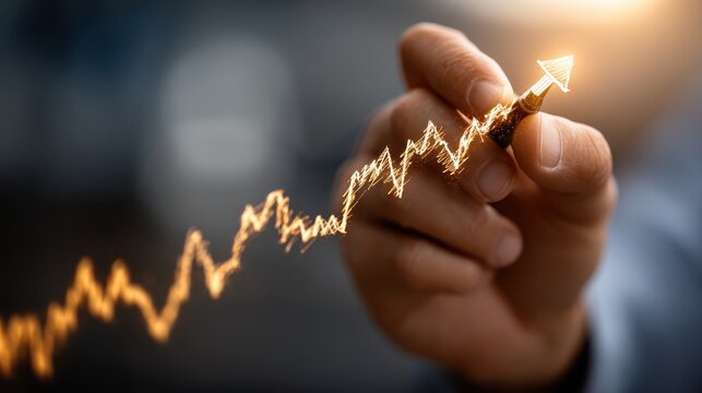A hand holding a pen draws an upward trend line, symbolizing growth and success in finance or business.