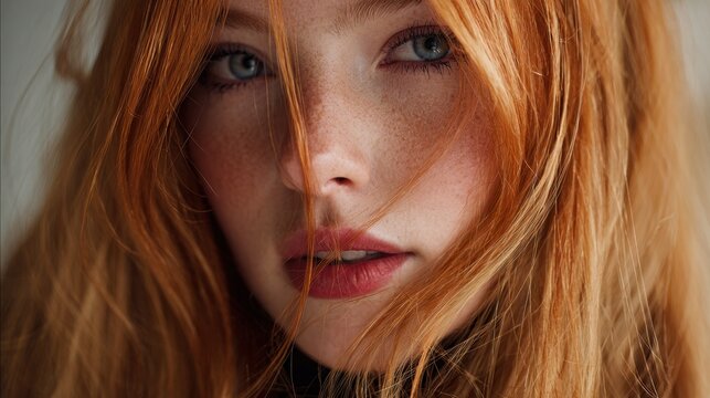A young woman with vibrant red hair and captivating blue eyes gazes directly at the viewer. Soft lighting highlights her freckles and creates a warm atmosphere around her.