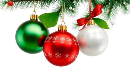 Three Christmas ornaments hanging from a pine branch against a softly blurred white background. The ornaments are spherical and glossy&mdash;green with a smooth surface, red with white snowflake patterns, a