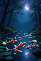 Magical moonlit pond with vibrant koi fish swimming among lily pads
