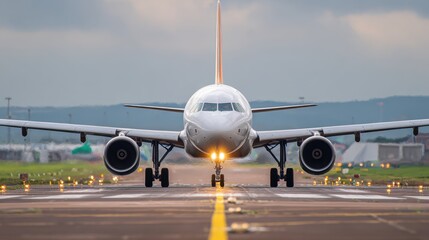 Obraz premium An airplane is positioned on the runway ready for takeoff. The cloudy sky creates a dramatic backdrop as the aircraft's lights shine brightly signaling its departure.