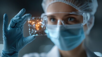A scientist examines a glowing microchip under a microscope, showcasing intricate circuitry and technology in a lab setting.