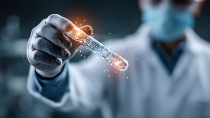 A scientist in a lab coat holds a test tube emitting sparks, symbolizing innovation and experimentation in science.