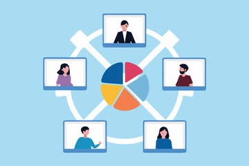 Virtual team meeting with data analysis and pie chart discussion