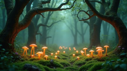 Enchanted forest path lined with glowing mushrooms