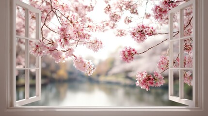 Soft pink cherry blossoms cascade over the window frame creating a serene view of a calm lake surrounded by nature in full bloom during spring.