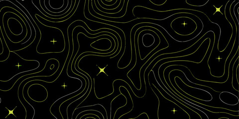 Abstract topographic contour lines with stars on a black background
