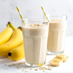 Close-up of banana smoothies with fruit, and yellow-striped straws