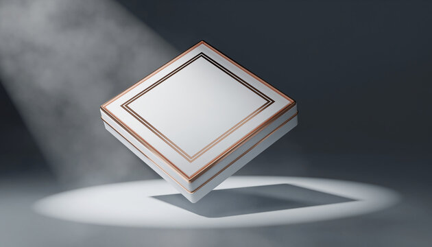 A 3D render of a levitating white and rose gold gift box mockup under a spotlight, an elegant template for a premium product showcase and branding presentation