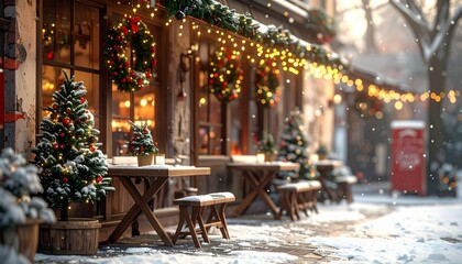 クリスマスのおしゃれなカフェ 雪景色の外観