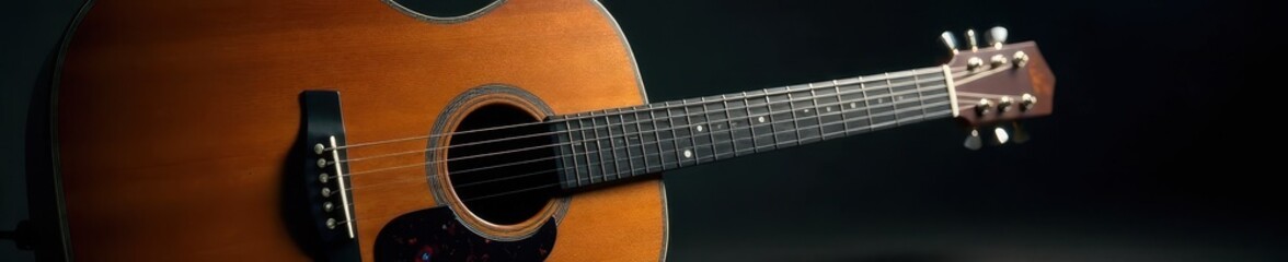 Obraz premium Dark backdrop, acoustic guitar, wood grain detail, acoustic guitar, retro, marketing