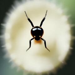 This image is an extreme close-up, macro shot focusing on a small, dark insect, possibly a type of beetle or mite, positioned against a light, out-of-focus background. The insect's body is glossy blac