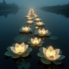 Floating lotus lanterns illuminate a serene waterway at dusk