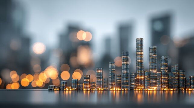 A stylized cityscape with illuminated skyscrapers against a blurred background, creating a vibrant urban atmosphere.